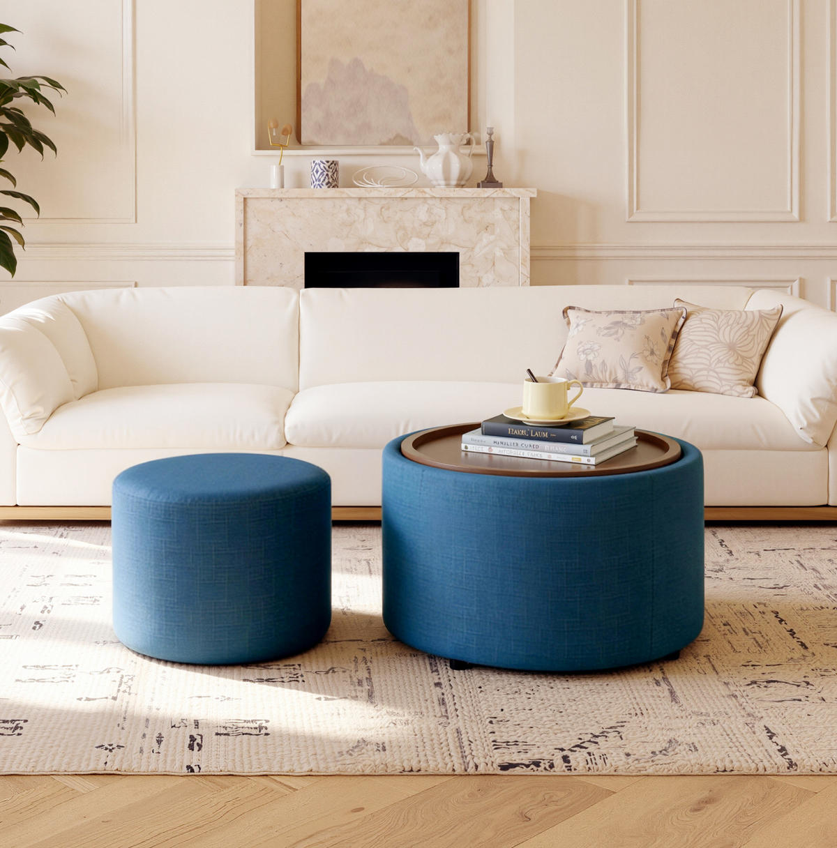COUCHTISCH 58 cm Beige aus Leinen mit Stauraum - Blau, Textil (58/58/38cm) - OKMYHOME