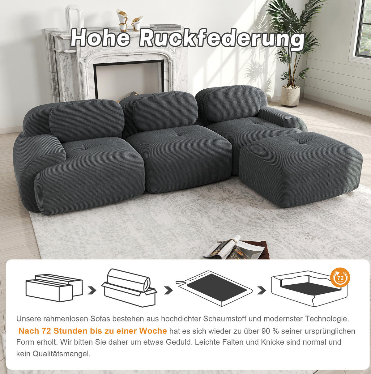 ECKSOFA 298/178/70 cm in Grau aus Cordstoff, modular und montagefrei - Grau, Textil (178/298cm) - Flora Grace