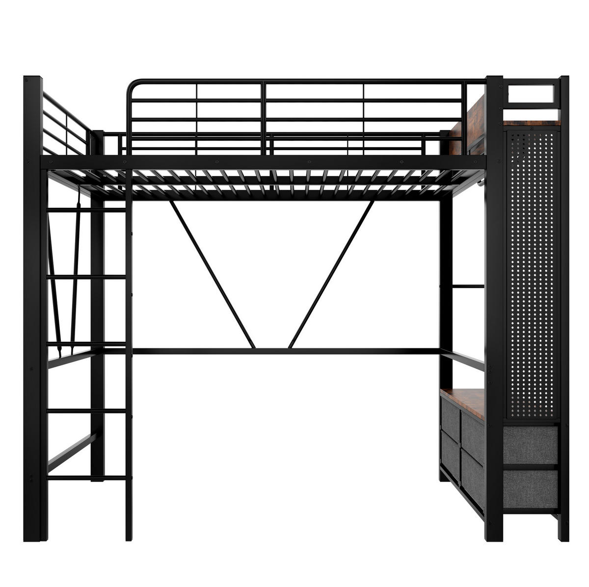 HOCHBETT 90/200 cm mit LED, USB-Type-C, 4 Schubladen, Lochbrett und Kleiderstange, Metall/MDF, Schwarz - Schwarz, Metall (90/200cm) - Redom