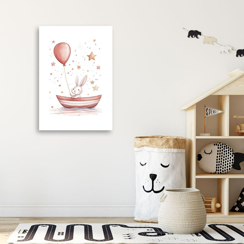LEINWANDBILD Kaninchen in einem Boot mit einem Boho-Ballon 60x90cm - Multicolor, Textil (60/90cm) - Feeby