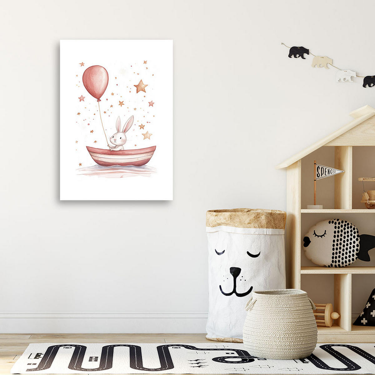 LEINWANDBILD für Kinder Kaninchen in einem Boot mit einem Boho Ballon 70x100cm - Multicolor, Textil (70/100cm) - Feeby
