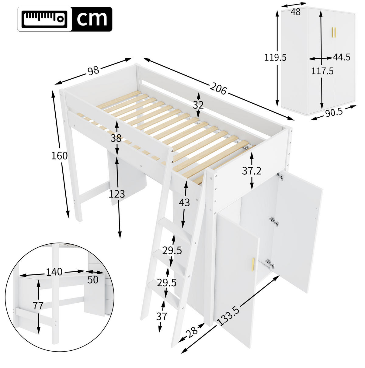 HOCHBETT 90/200 cm in Weiß mit Schreibtisch und Kleiderschrank - Weiß, Holzwerkstoff (90/200cm) - Flora Grace