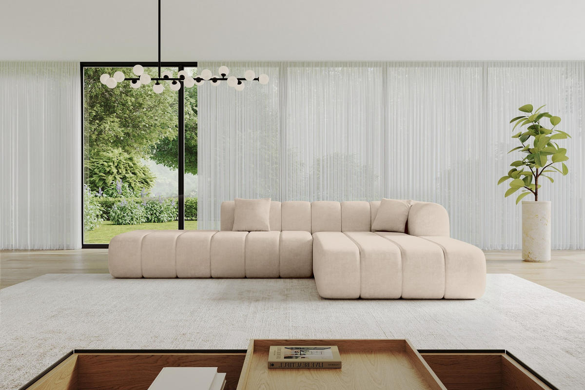 ECKSOFA Ottomane Rechts BILA-L 289x176x71 Beige Samt - Beige/Schwarz, Holzwerkstoff/Kunststoff (289/176cm) - ALTDECOR