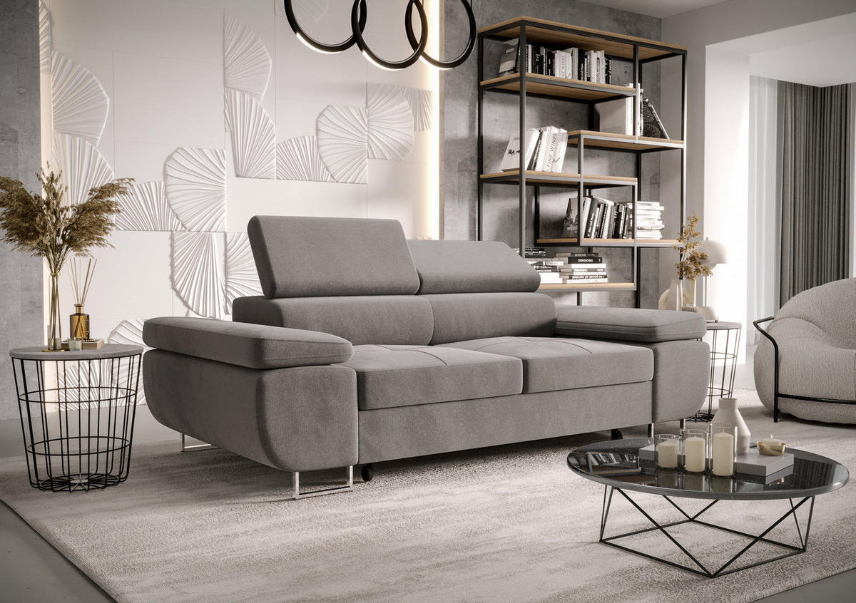 SCHLAFSOFA PRAGA 2, Sofa mit Schlaffunktion, Farbe: Grau, Velourstoff - Grau, Textil (208/90/100cm) - O-Sofa