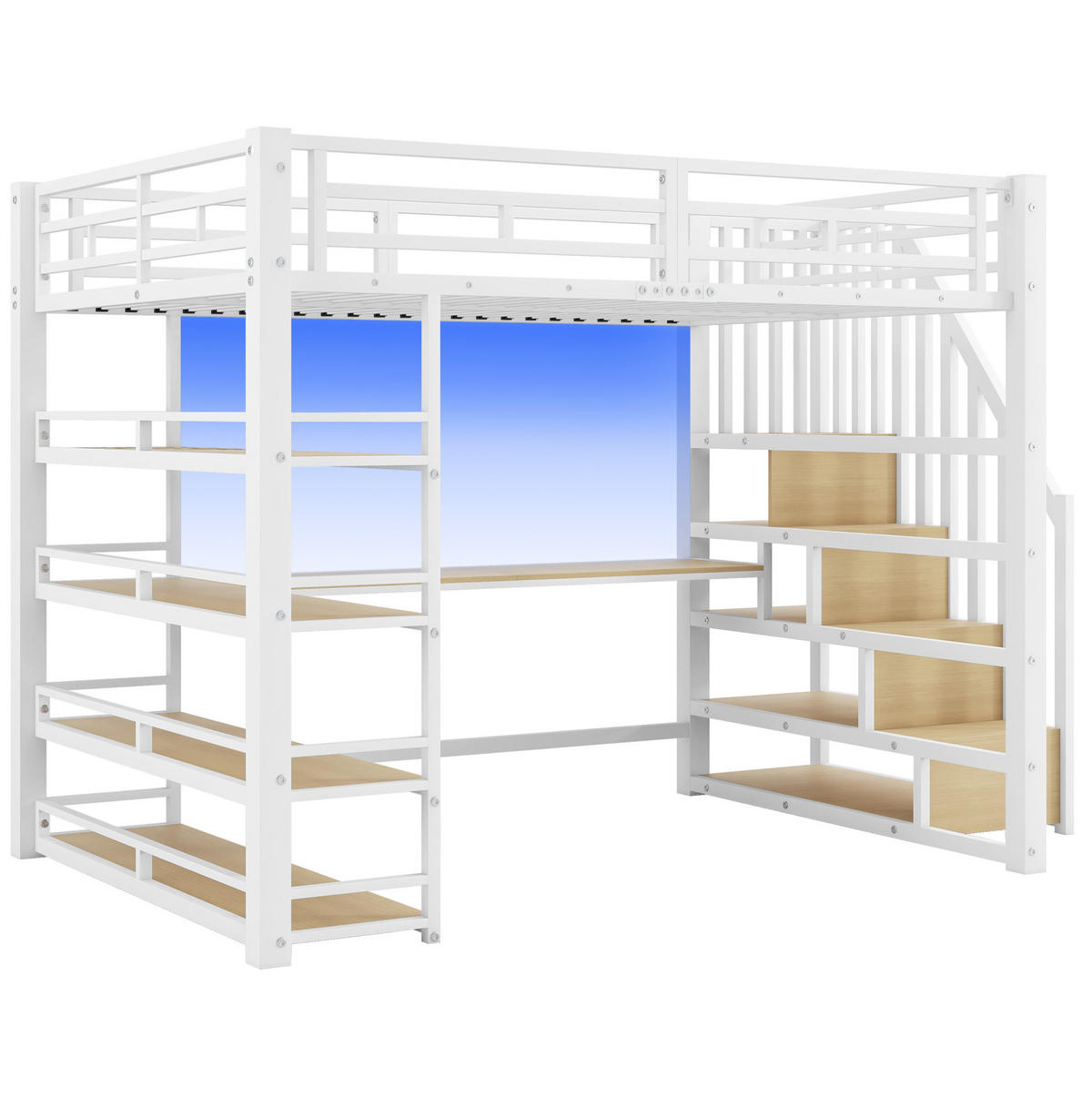 HOCHBETT 140/200 cm aus Metall mit Schreibtisch, Stauraumtreppe, Regal, LED und USB-Ladestation, Weiß - Weiß, Holzwerkstoff (140/200cm) - Redom