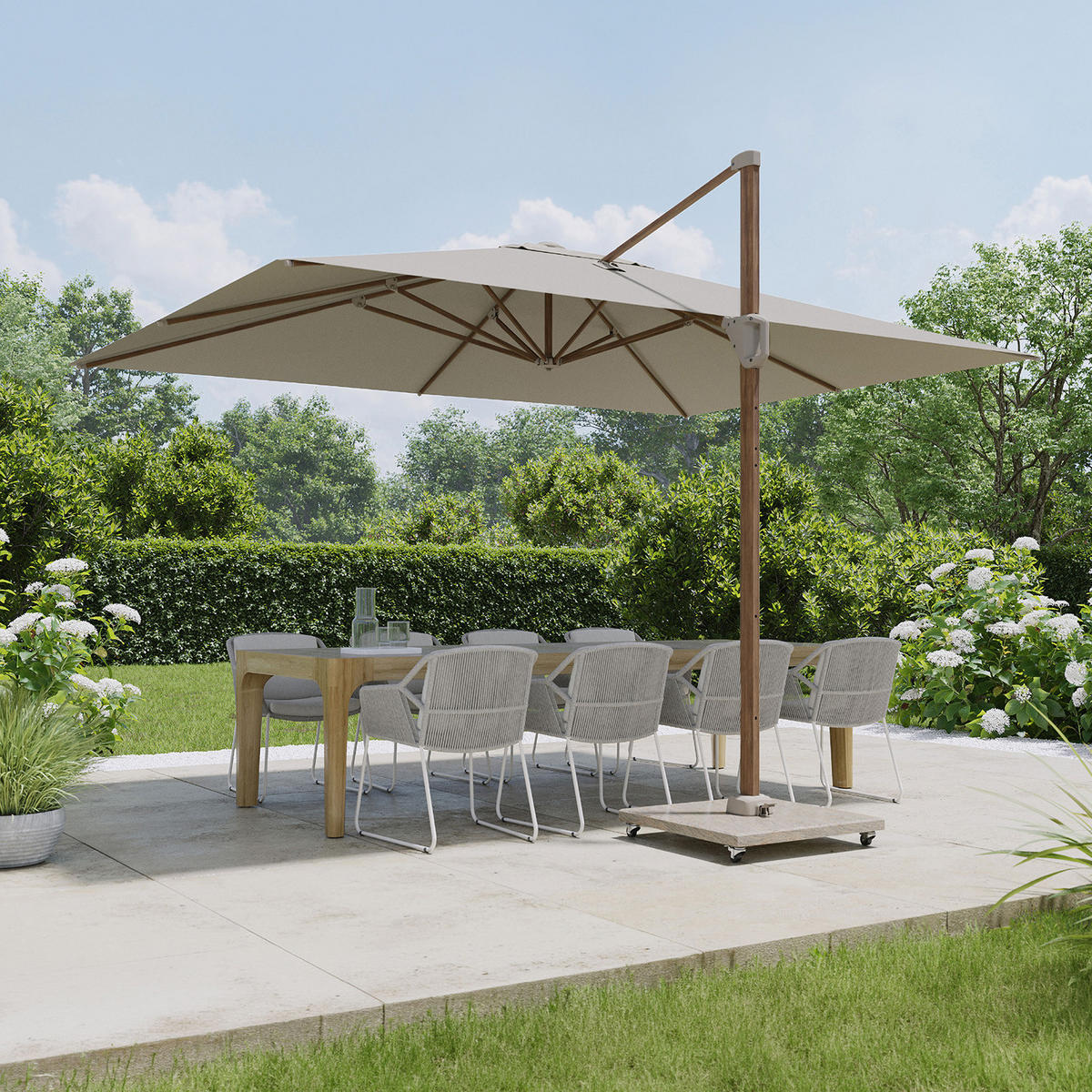 AMPELSCHIRM rechteckig 4 x 3 m Challenger T¹ Premium 360° kippbar natur/teak - Creme, Metall (300/400cm) - Platinum