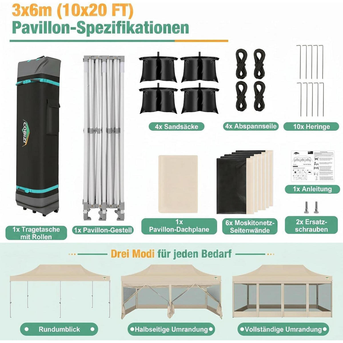 FALTPAVILLON 3 x 6 m mit Moskitonetz Khaki - Beige, Textil (300/275/600cm)