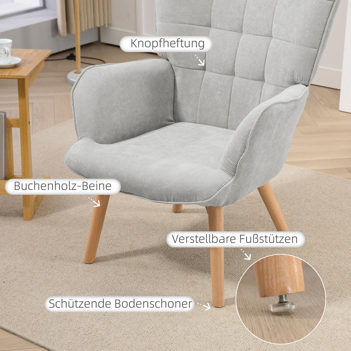 OHRENSESSEL, Relaxsessel, Grau - Grau, Holz (72/101/80cm) - HOMCOM