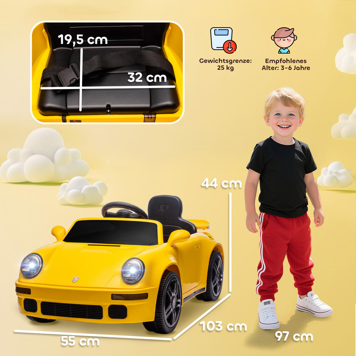KINDER-ELEKTROAUTO 12V Kinderauto mit 2,4 GHz Fernbedienung, 2 Motor, Softstart - Gelb, Metall (103/55/44cm) - AIYAPLAY
