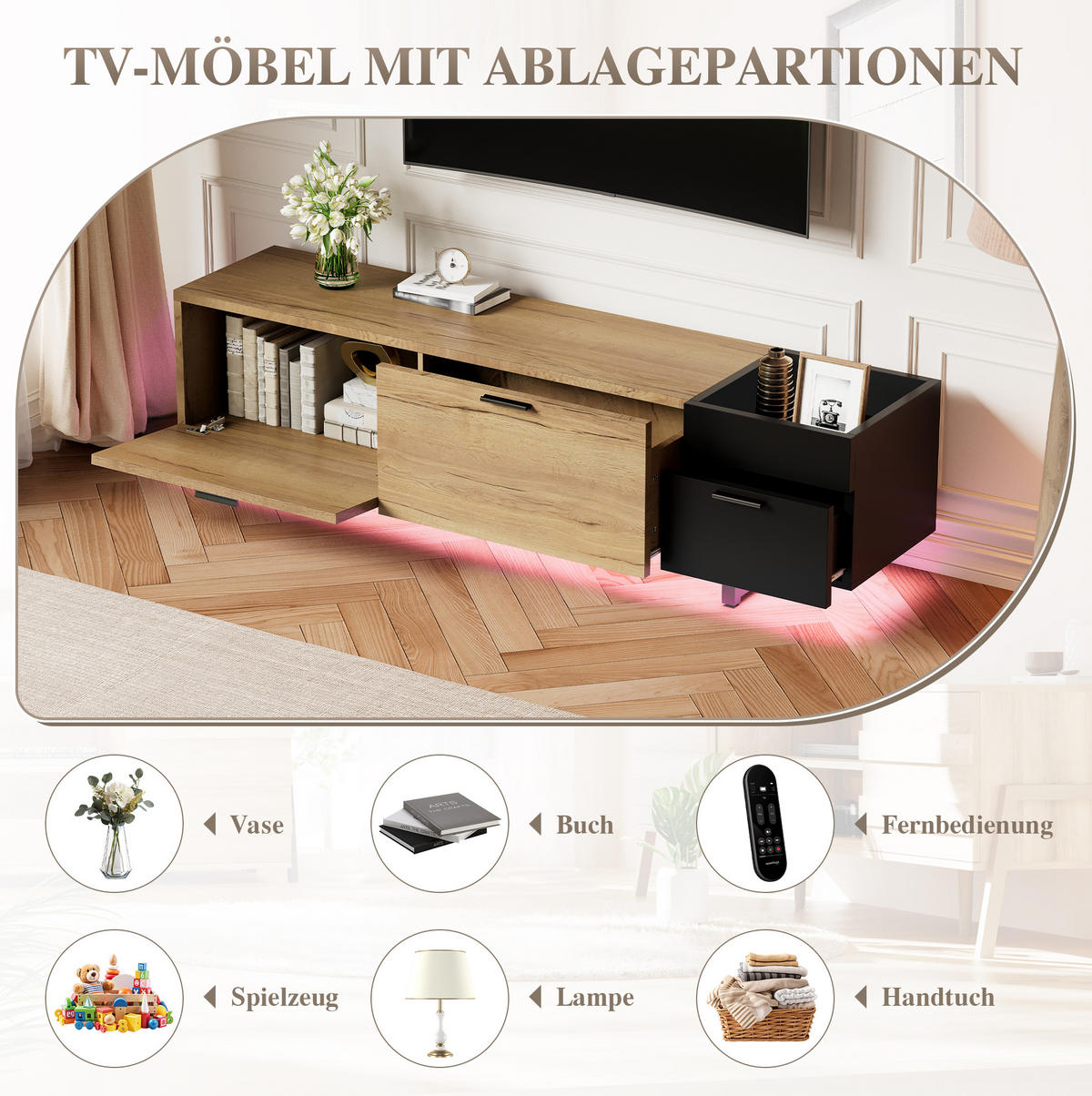TV-SCHRANK aus Holzwerkstoff 180x38x49 cm Naturholz/Schwarz mit LED-Beleuchtung und Schubladen - Schwarz, Holzwerkstoff (180/49/38cm) - Modfu