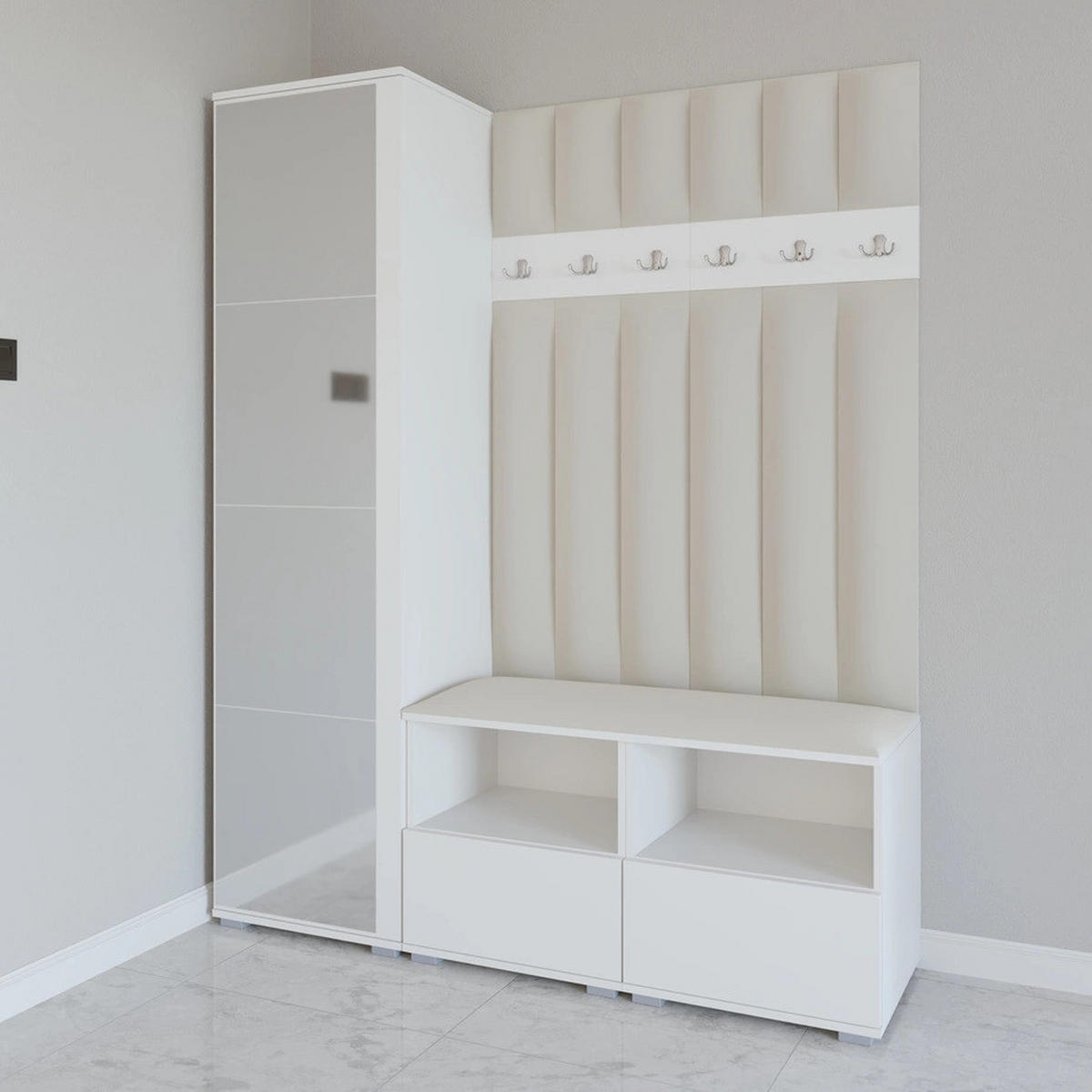 GEPOLSTERT Garderoben-Set Nela II LUX (Spiegel – Farbe Weiß + Stoff Trinity 01) - Silberfarben/Creme, Holz/Holzwerkstoff (150/187/40cm) - Ravio