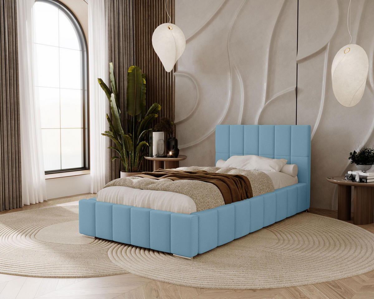 POLSTERBETT Alma 90x200 cm, Einzelbett mit Bettkasten und Lattenrost aus Holz, Velourstoff: Hellblau - Hellblau, Holz/Kunststoff (90/200cm) - Marpur