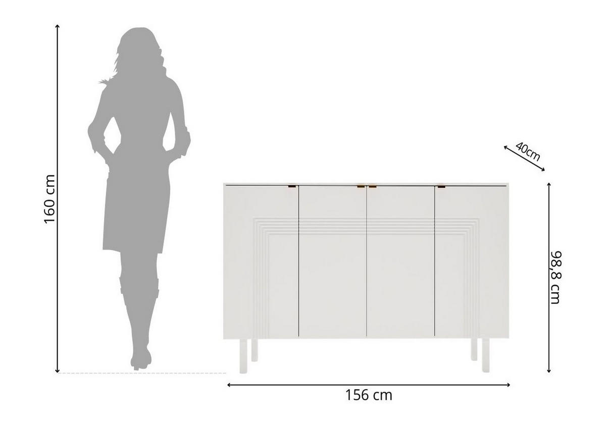 SIDEBOARD Yoko, Weiß, Mit Dekorativen Fronten Und Goldgriffen - Weiß, Holzwerkstoff/Buchenholz (156/99/40cm) - Dancan