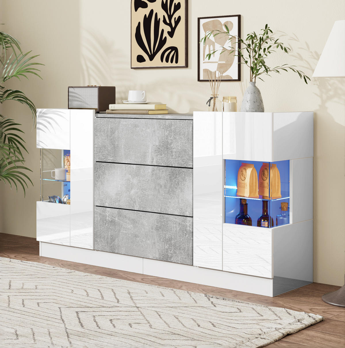 SIDEBOARD 140/35/75 cm in Weiß und Marmorlook mit 2 Türen, 3 Schubladen und LED - Weiß, Holzwerkstoff (140/75/35cm) - Flora Grace