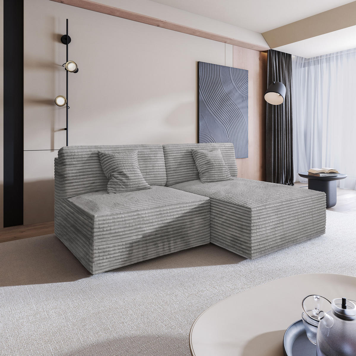 ECKSOFA FIORO Hellgrau Kordstoff mit Schlaffunktion - Hellgrau, Holz (204/148cm) - MASSENO