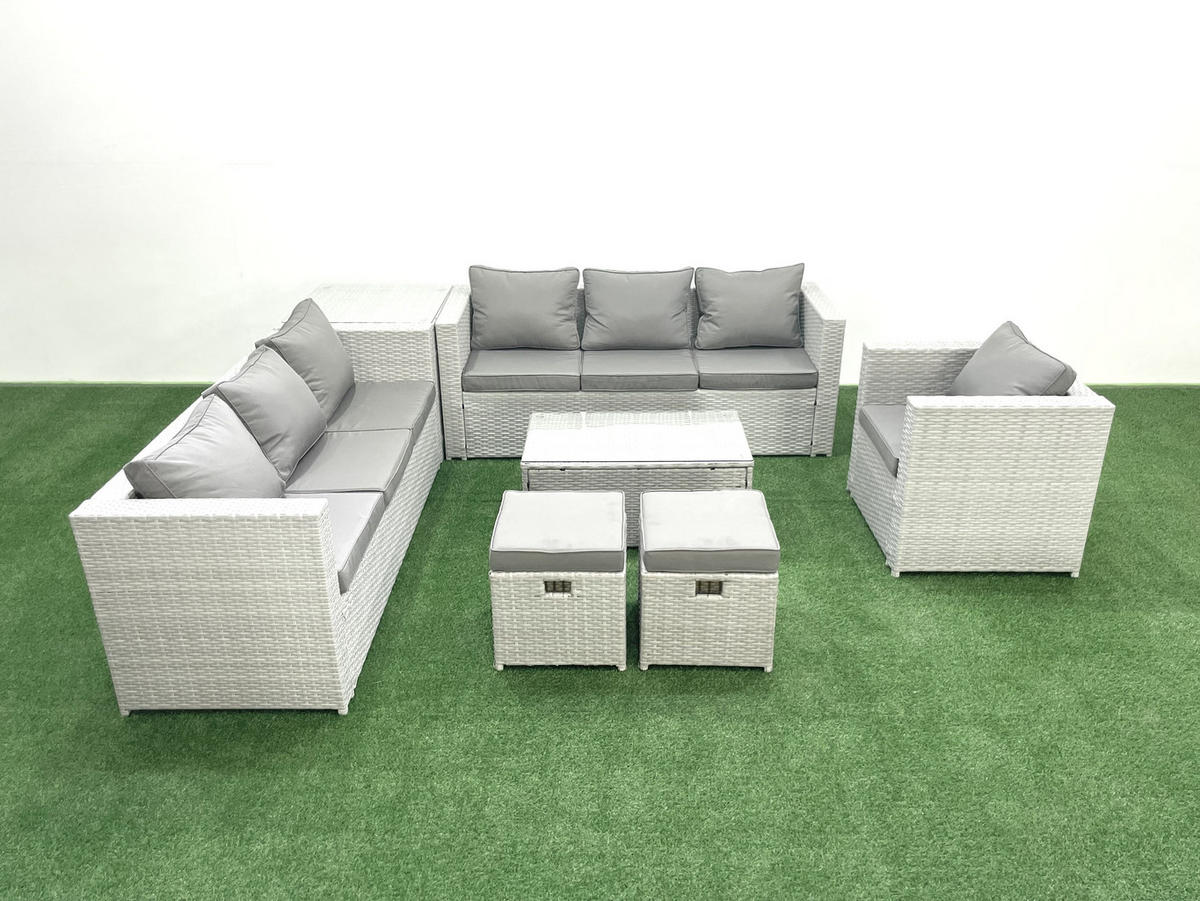 GARTENGARNITUR mit 3-SITZER SOFA,COUCHTISCH Polyrattan Hellgrau-Mix 9-Sitzer - Hellgrau/Grau, Glas/Kunststoff - Fimous