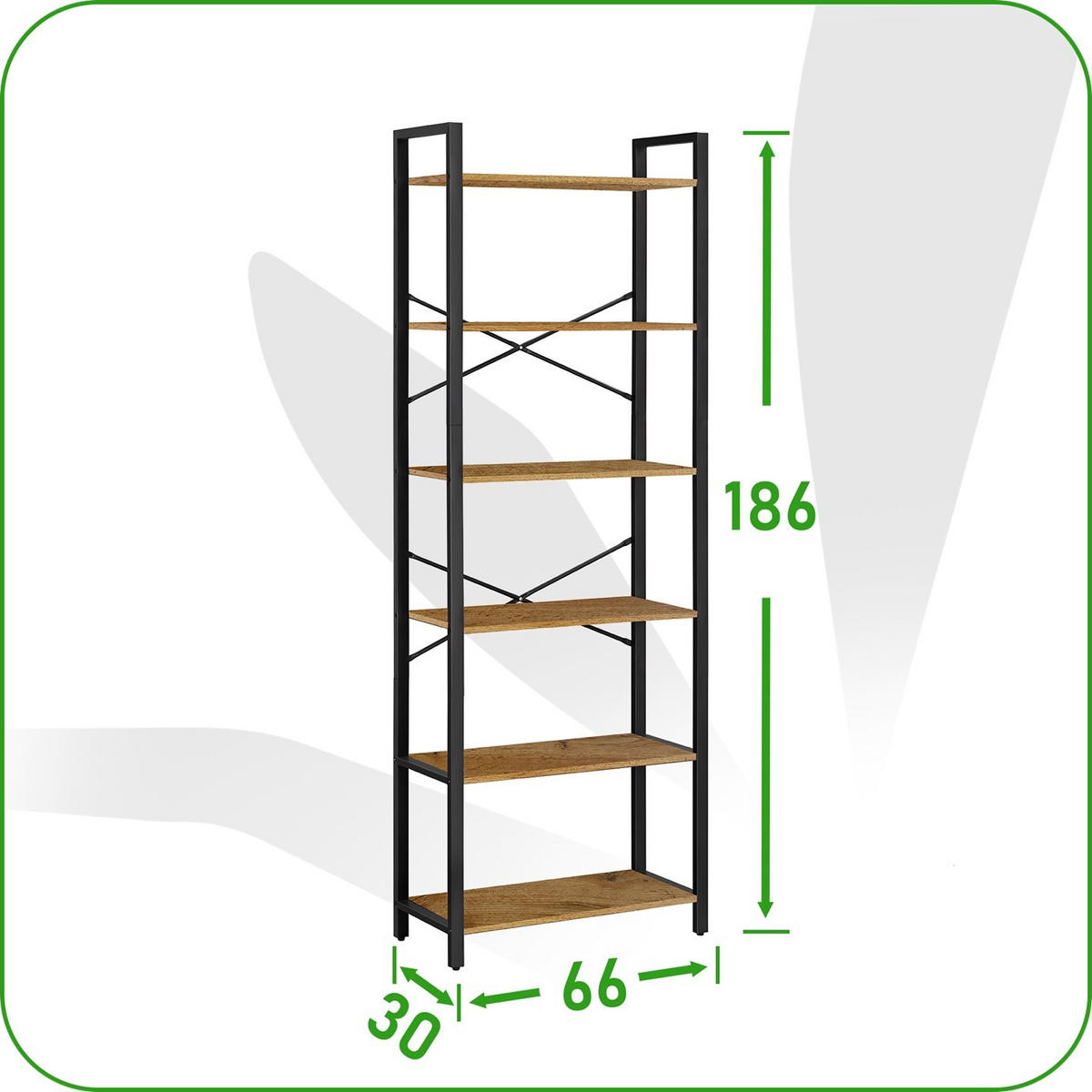 STANDREGAL Holzoptik Metall Erlefarben 6 Böden 66x30x186 cm - Erlefarben/Schwarz, Holzwerkstoff/Metall (30/186/66cm) - Begryf