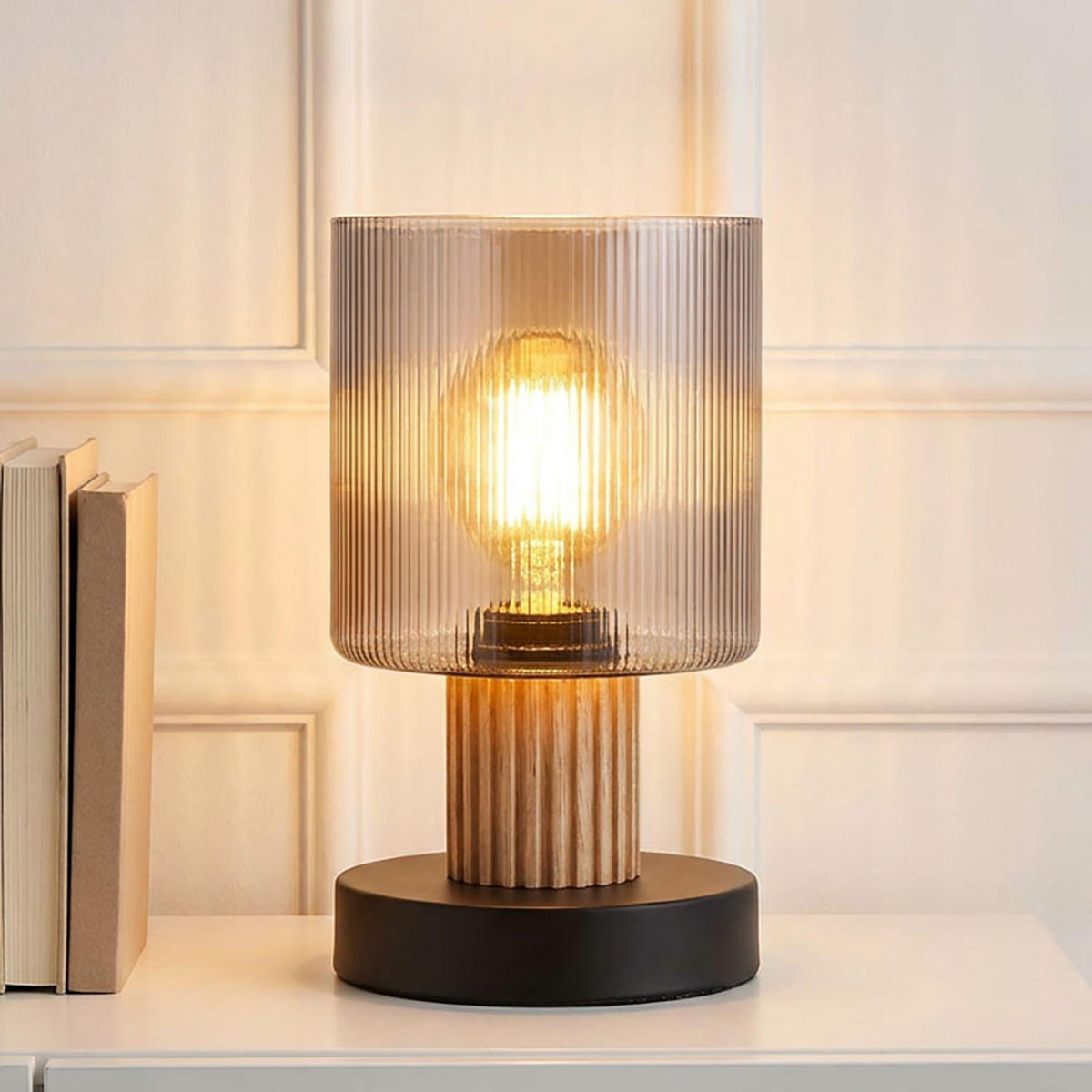 LED TISCHLEUCHTE Holz, Glas rauchfarben, Schwarz - Schwarz, Holz (12/12/21cm) - Globo Lighting