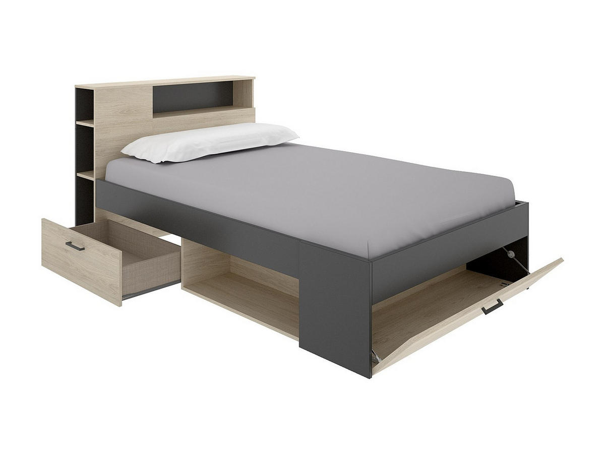 BETT mit Kopfteil, Stauraum & Schubladen - 120 x 190 cm - Holzfarben & Anthrazit + Lattenrost - LEANDRE - Anthrazit, Holz (120/190cm) - Vente-Unique