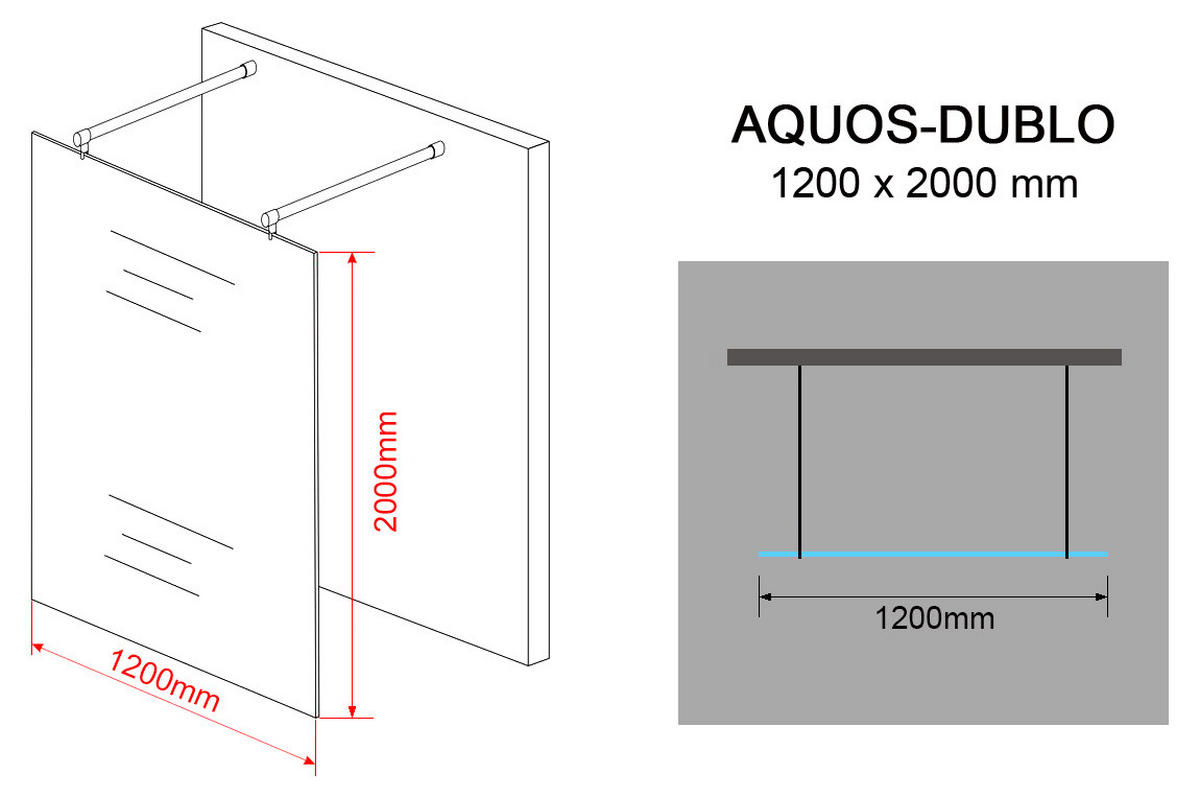 DUSCHWAND AQUOS-DUBLO Klar 120 x 200 cm freistehend 10 mm ESG - Klar, Glas (120/200cm) - Glasdeals