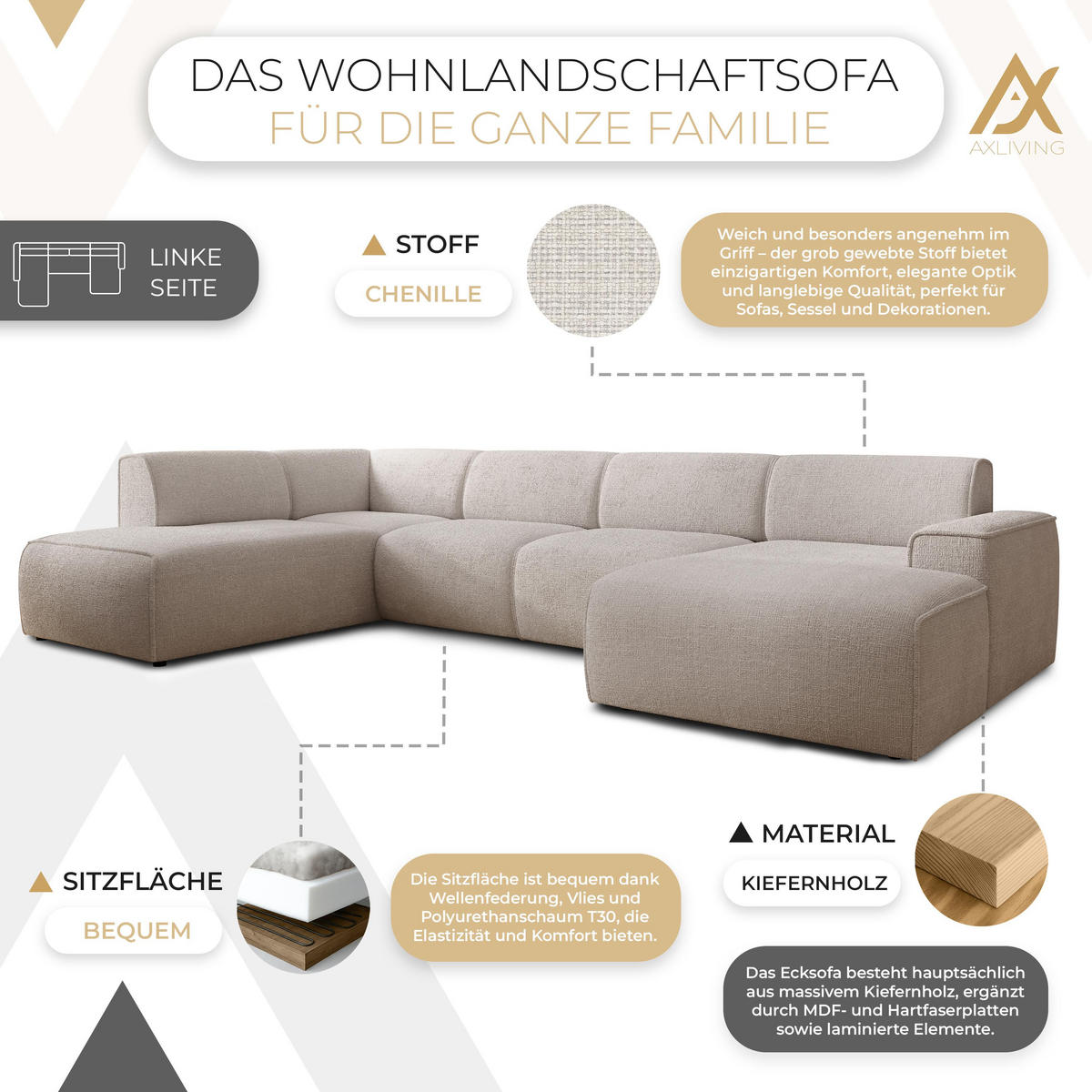 WOHNLANDSCHAFT Didim Creme 378/220/78 cm – großes Sofa stilvoll & bequem L - Creme/Schwarz, Kunststoff/Textil (220/78/378cm) - AX Living