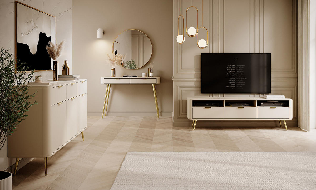 TV-SCHRANK Oval Beige mit 3 Schubladen 160 cm - Beige/Goldfarben, Holzwerkstoff/Metall (162/49/38cm) - Selsey