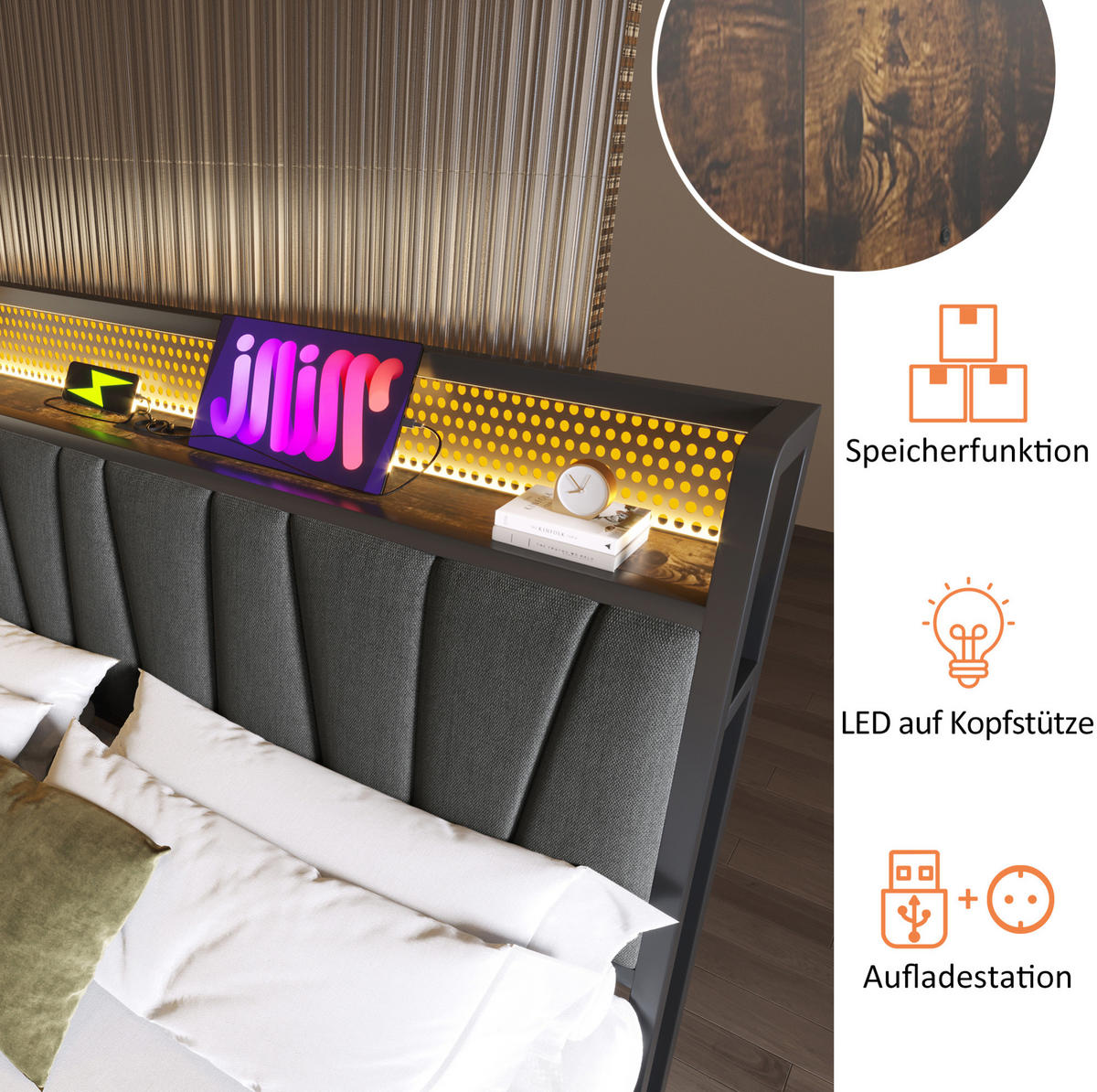 TAPECIRANI krevet 180/200 cm s LED osvjetljenjem, USB priključcima i pretincem, Siva - siva, tekstil (180/200cm) - Redom