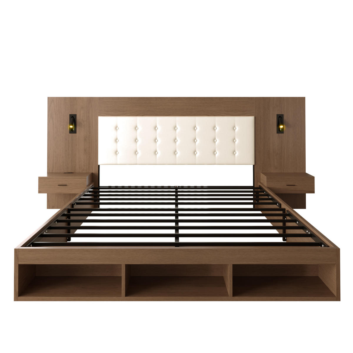 POLSTERBETT 180/200 cm mit 2 Nachttischen, USB/Type-C und Leselampen - Nussbaumfarben, Holzwerkstoff (180/200cm) - BEAOK