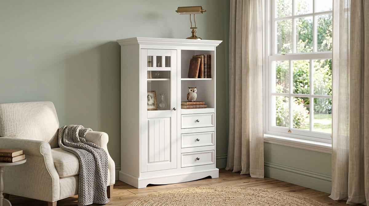VITRINE Belluno Elegante Kiefer weiß (RAL9010) lackiert 89 / 44 / 130cm - Weiß/Kieferfarben, Holz/Metall (89/130/44cm) - Feldmann-Wohnen