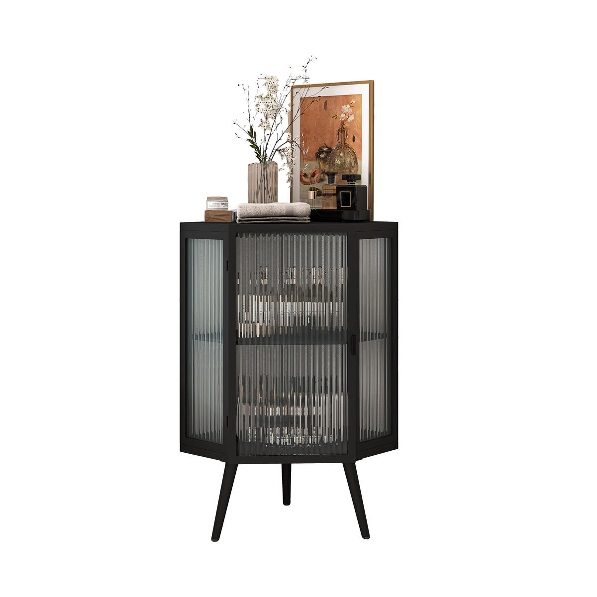 ECKSCHRANK Schwarz Metall & Glas 80cm mit 2 Ebenen & Tür - Schwarz, Metall (56/80/42.5cm) - Urban Meuble