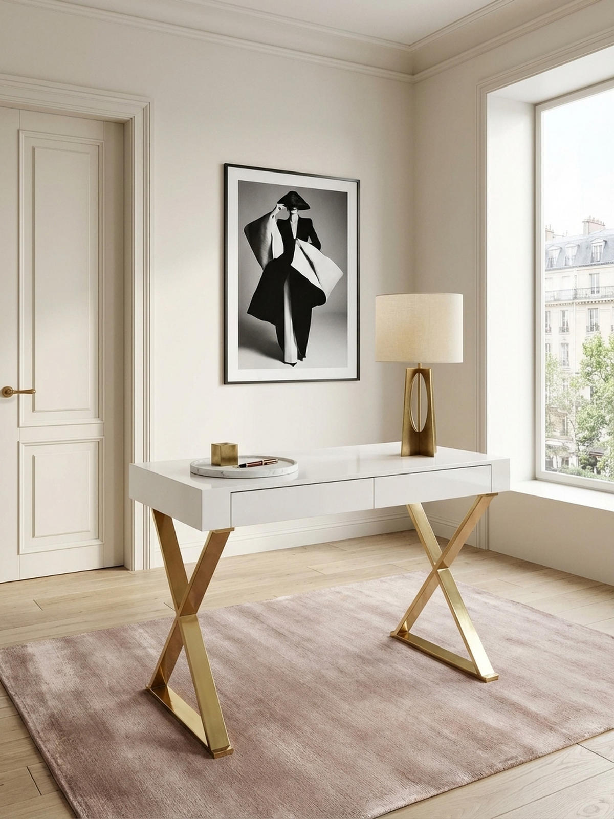 SCHREIBTISCH – Weiß Hochglanz, goldene Beine, 2 Schubladen, modern - Goldfarben/Weiß, Holz/Metall (57/118/76cm) - KADIMA DESIGN