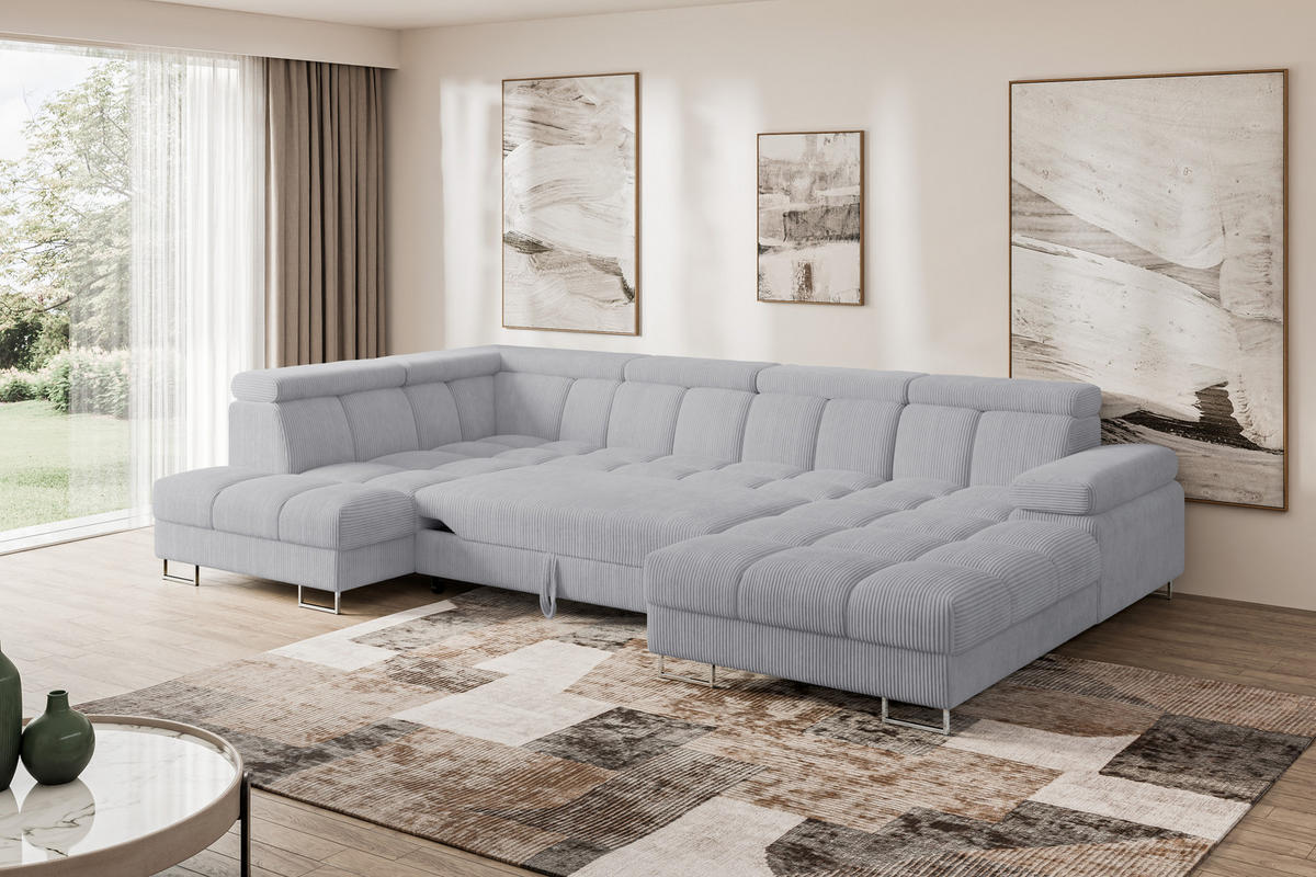 WOHNLANDSCHAFT mit Schlaffunktion und Bettkasten Ottomane Links COMA U 345x203x79 Grau Cord - Anthrazit, Holzwerkstoff/Textil (345/79/203cm) - ALTDECOR