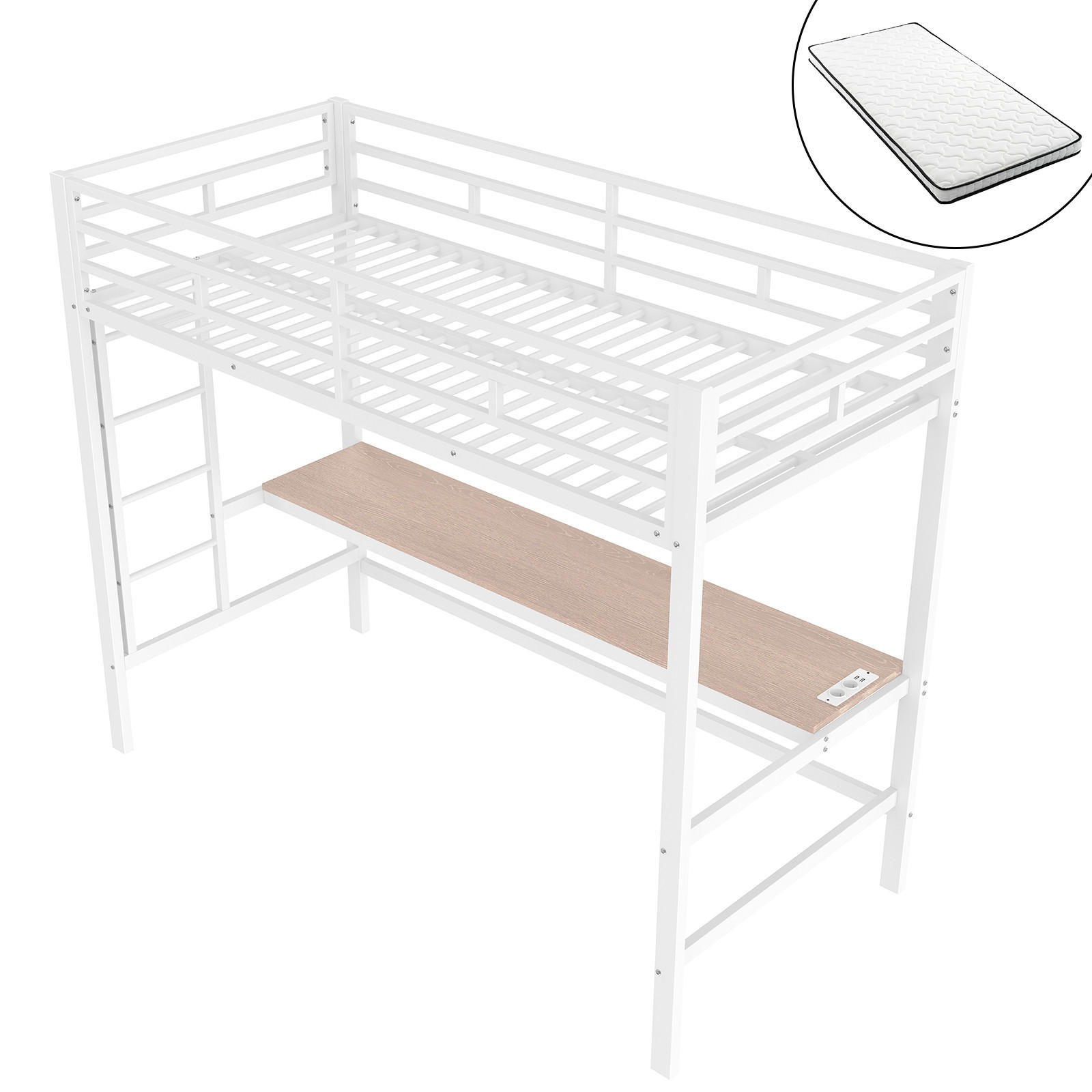 HOCHBETT 90/200 cm mit Geländer Tisch und USB-Anschlüssen mit Matratze - Weiß, Metall (90/200cm) - OKWISH