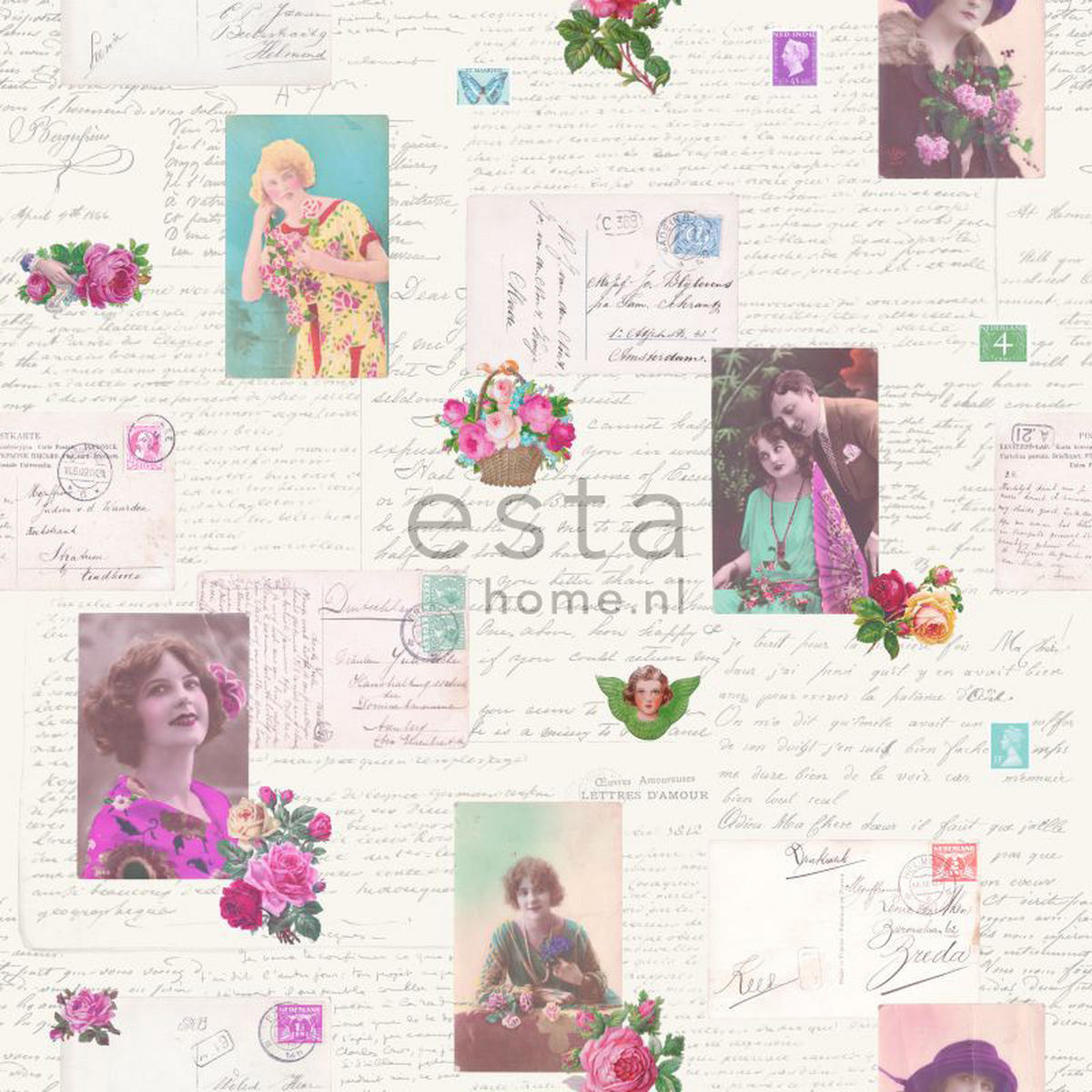TAPETE vintage Postkarten 53 cm x 10.05 m - Pink, Papier (53/1000cm) - ESTAhome