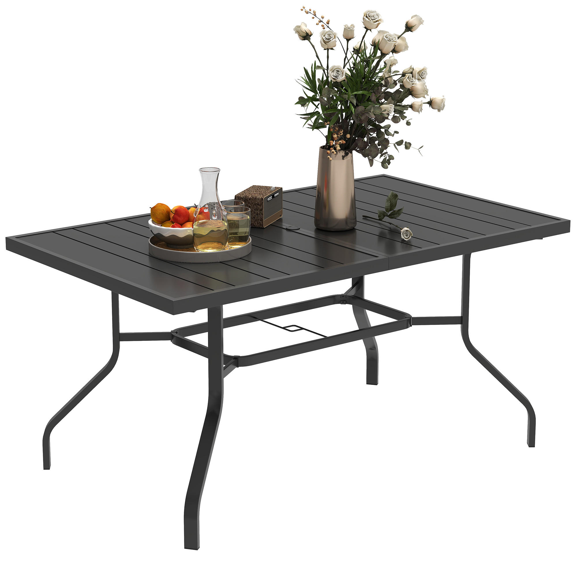 GARTENTISCH DE-07280 mit Schirmloch und Lattendesign Schwarz - Schwarz, Metall (152/90/74cm) - ComfortXL