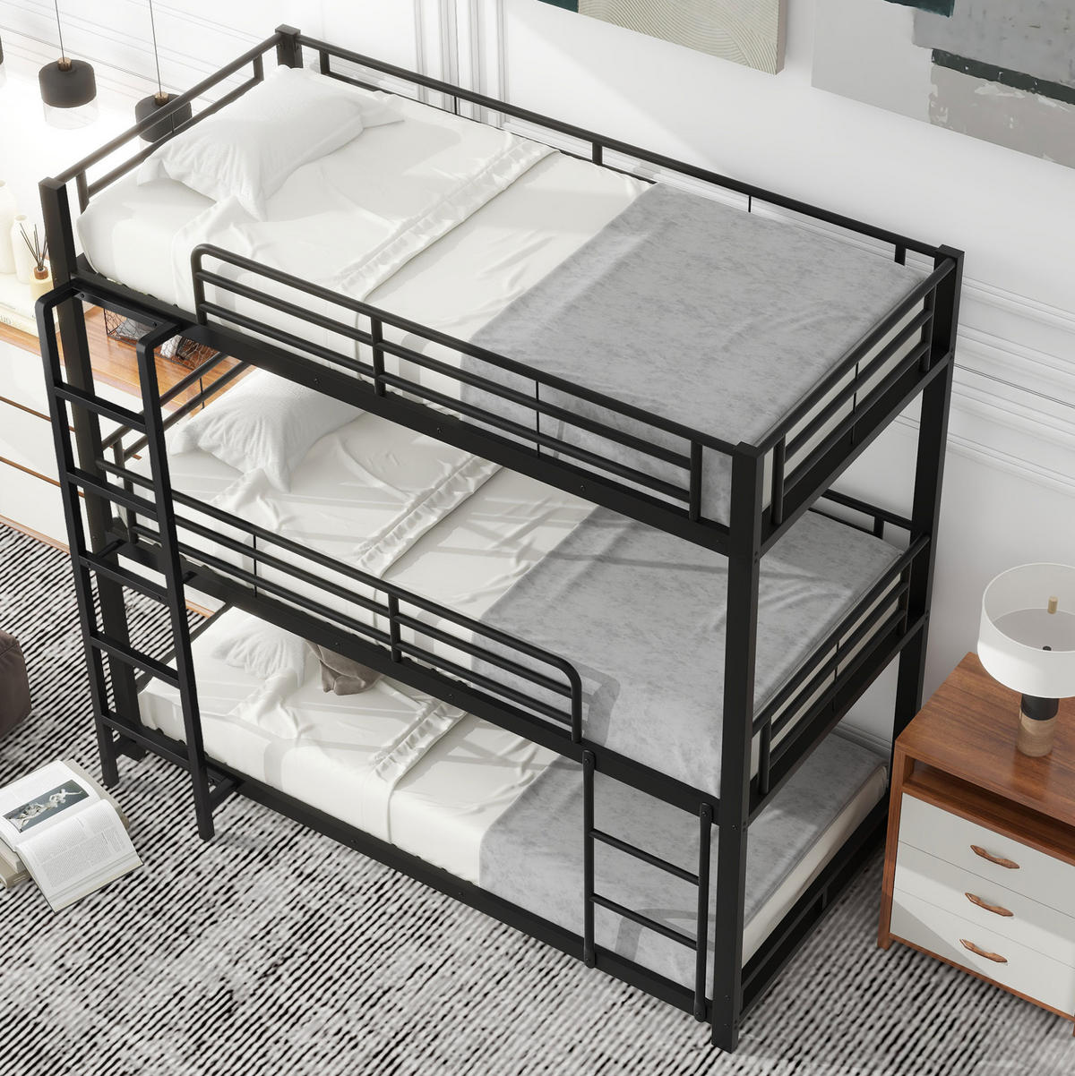 ETAGENBETT Dreifach 90/200 cm Schwarz Metallbett mit Geländern - Schwarz, Metall (90/200cm) - OKWISH
