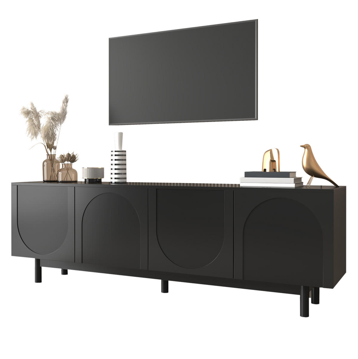 TV-LOWBOARD 175/38/56 cm mit 4 Türen und Push-to-Open-System - Schwarz, Holzwerkstoff (175/56/38cm) - BEAOK