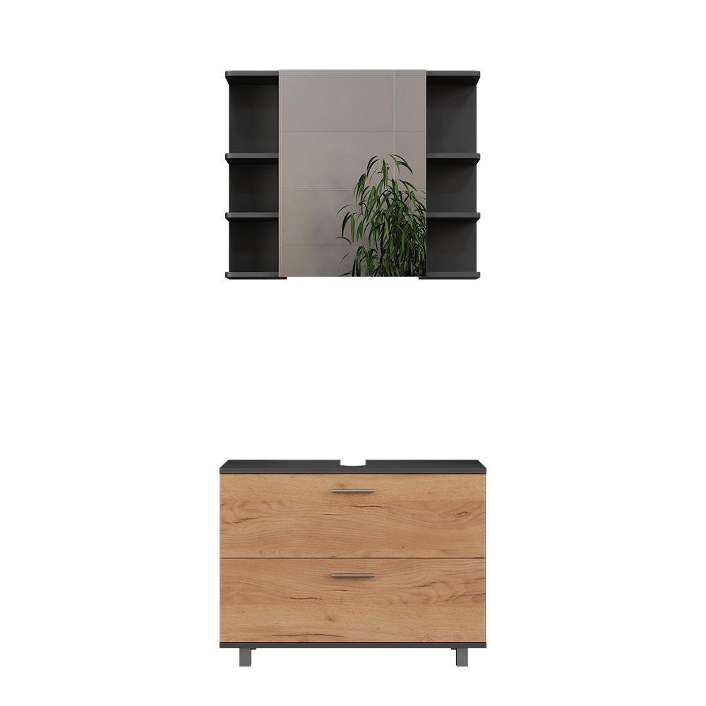 BADRUMSMÖBELSET Ilias Goldkraft ek/antracit 2 delar, basenhet 80 cm Honungsek, Antracit 60.8/80/33 cm