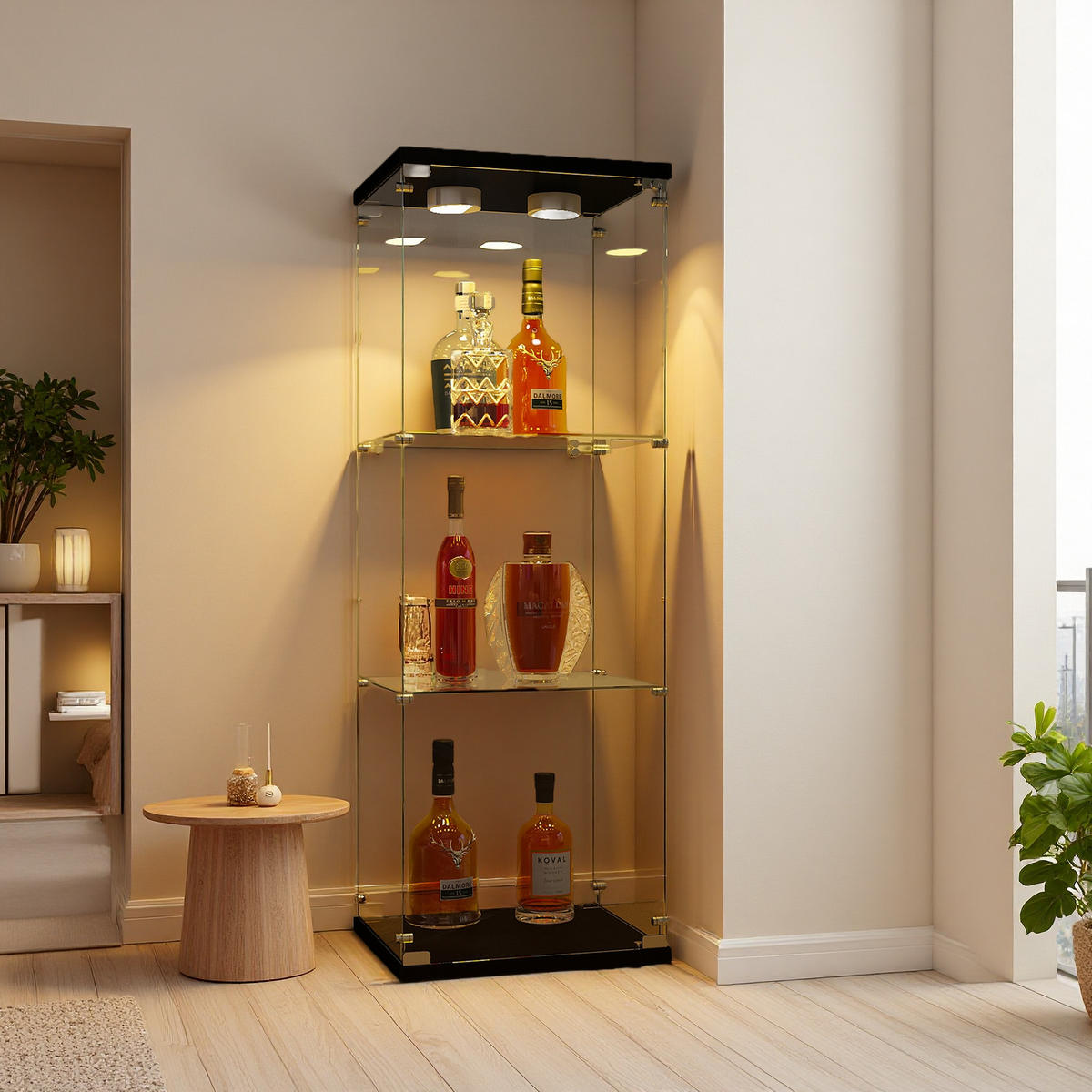 GLASVITRINE 42x36x125 cm schwarz mit gehärtetem Glas, 3 Einlegeböden, LED-Beleuchtung & Schloss - Schwarz, Glas (36/125/42cm) - SHOPENTRA