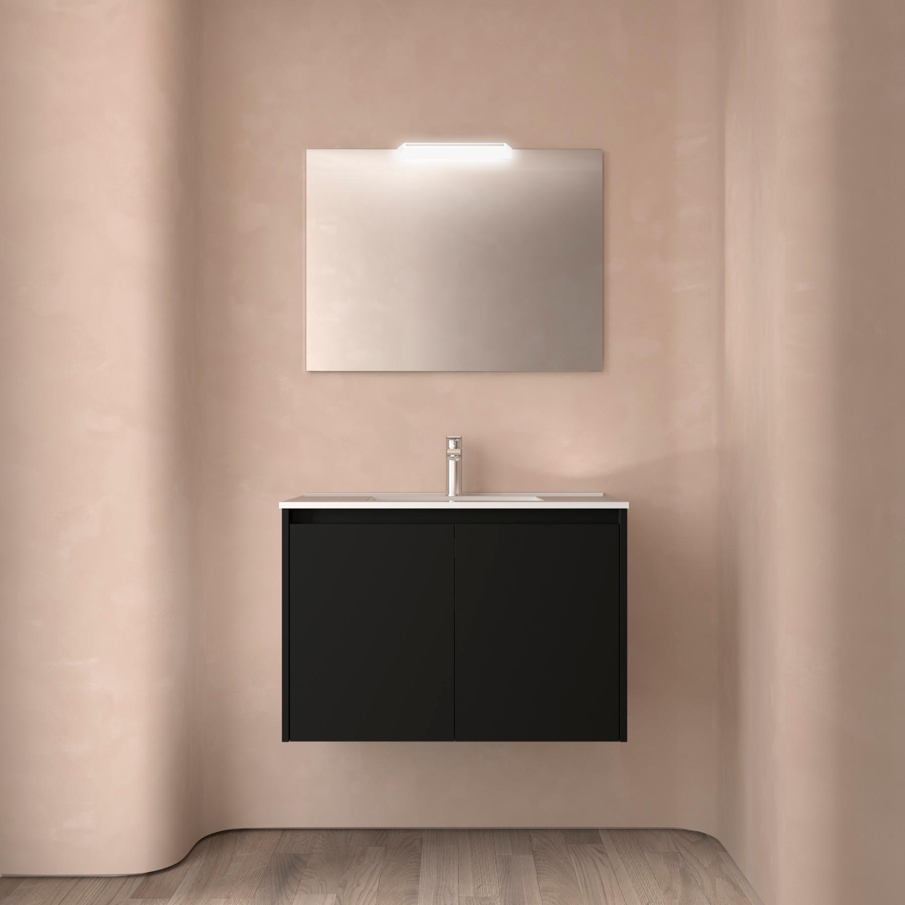 BADEZIMMERMÖBEL NOJA 800 2 Türen BLACK SATIN + Waschtisch + Spiegel - Schwarz Hochglanz/Schwarz, Metall (45/54/80cm) - Salgar
