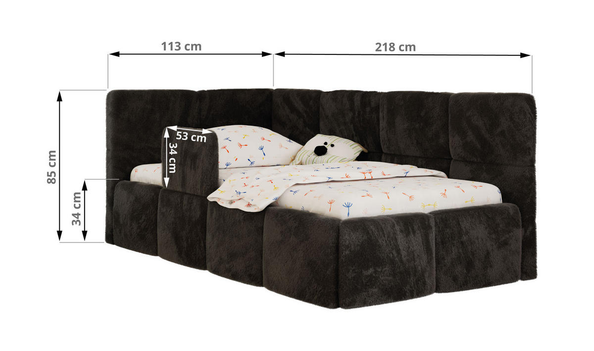 DĚTSKÁ POSTEL ARVO ALTA 90/200 - Černá Plyš - Vlevo - černá, textil (90/200cm) - MKS