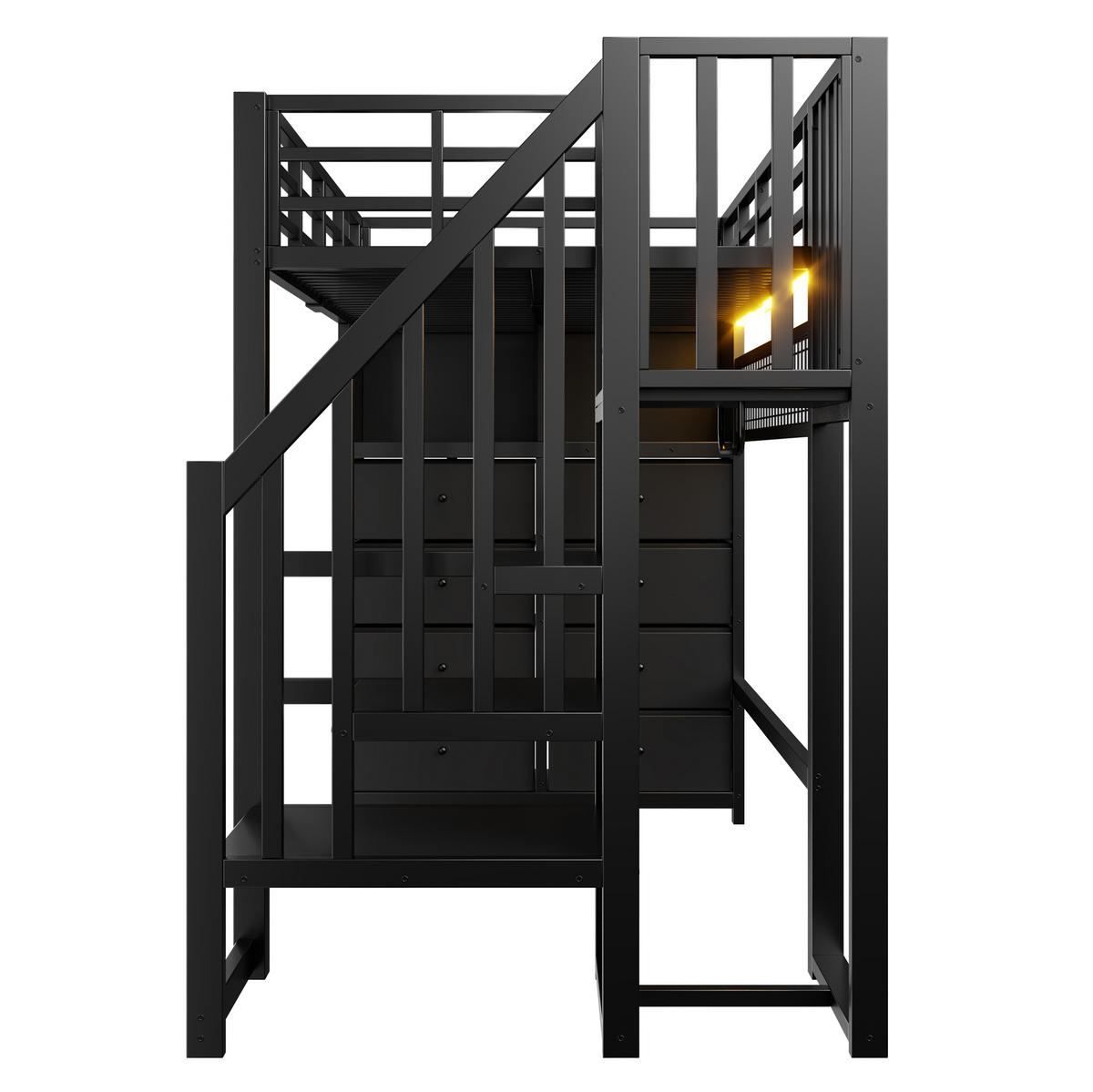 HOCHBETT Metall/MDF 90x200 cm Schwarz mit 8 Schubladen, Treppe, Kleiderschrank und LED - Schwarz, Holzwerkstoff (90/200cm) - Modfu