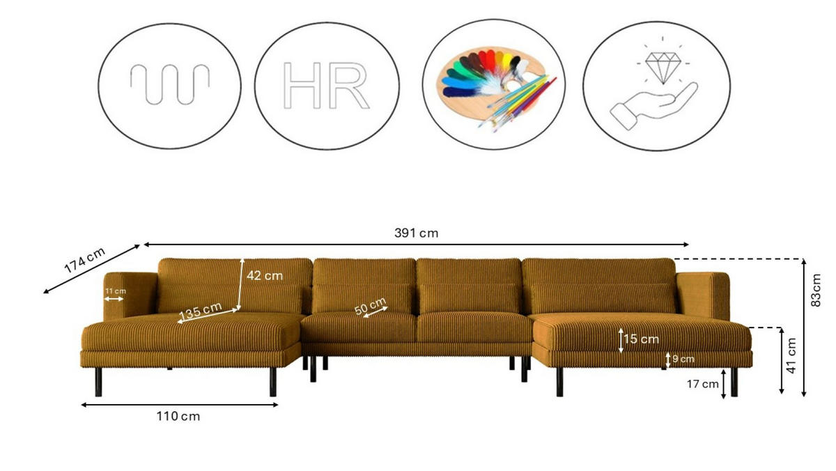 ECKSOFA DANI In U-Form Stilvolles Stoff Poso Senffarbe - Gelb, Holz/Textil (174/391cm) - Kaiser Möbel