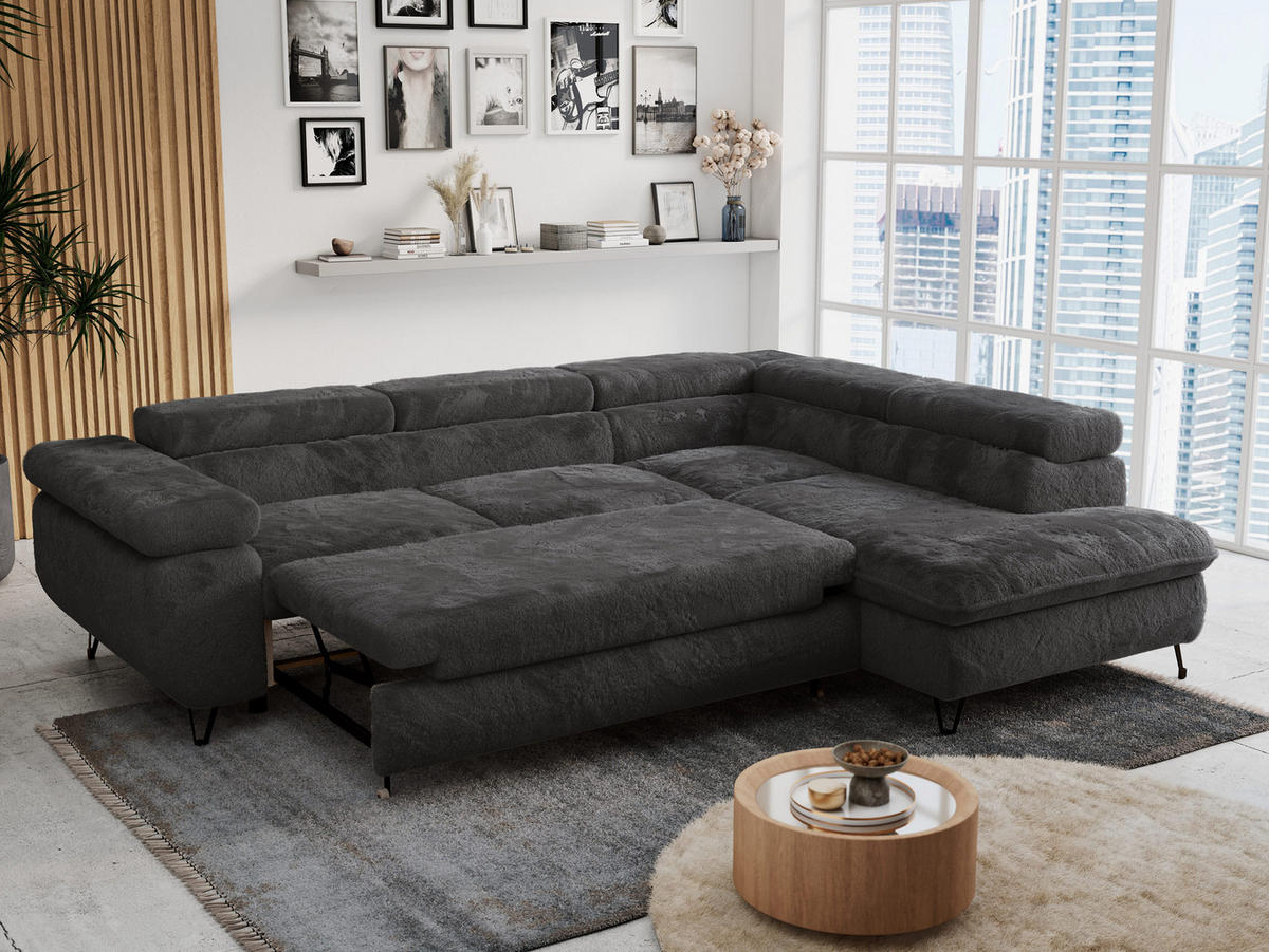ECKSOFA PETER L Anthrazit Plüsch - Rechts Seite - Anthrazit/Schwarz, Textil/Metall (273/208cm) - MKS