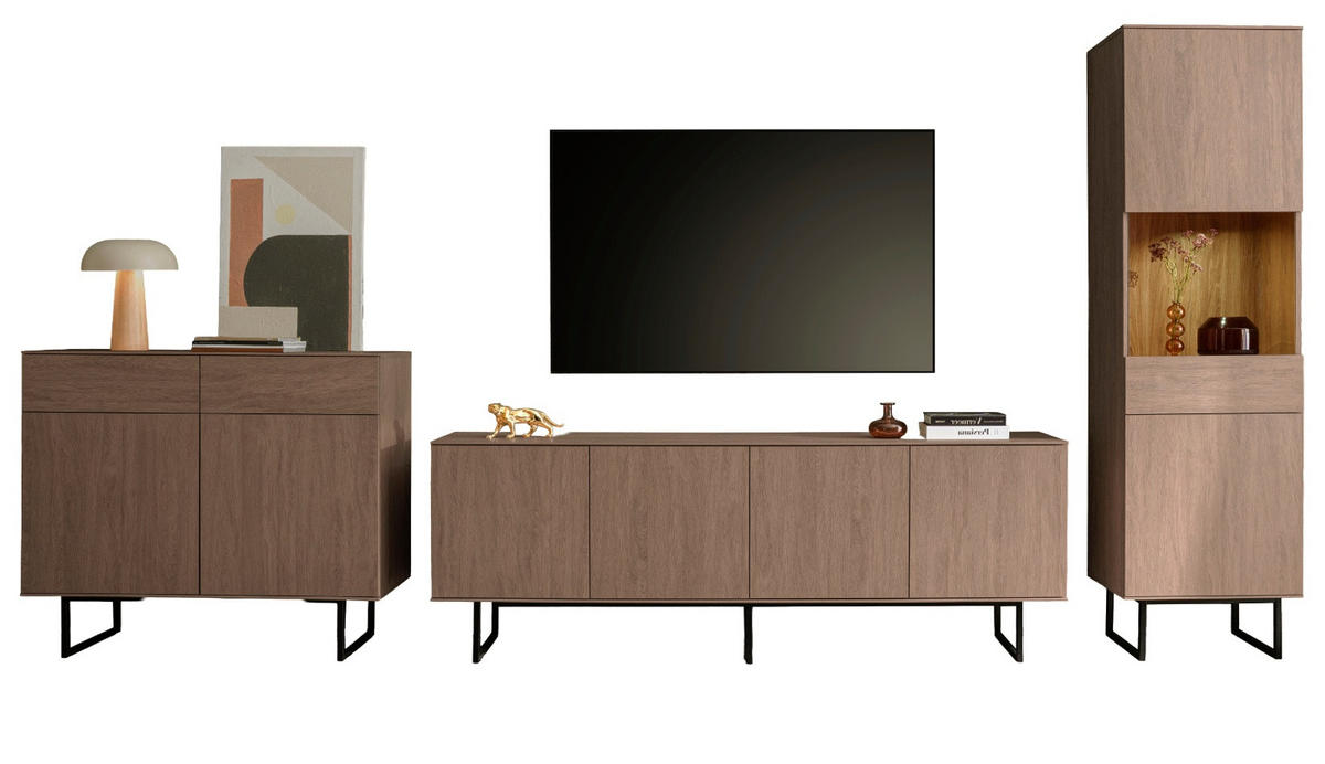 WOHNWAND in Nussbaum 3-teilig 400 cm, Komplett-Set mit Push-to-Open - Nussbaumfarben/Schwarz, Glas/Holzwerkstoff (400/200/40cm) - Furn.Design