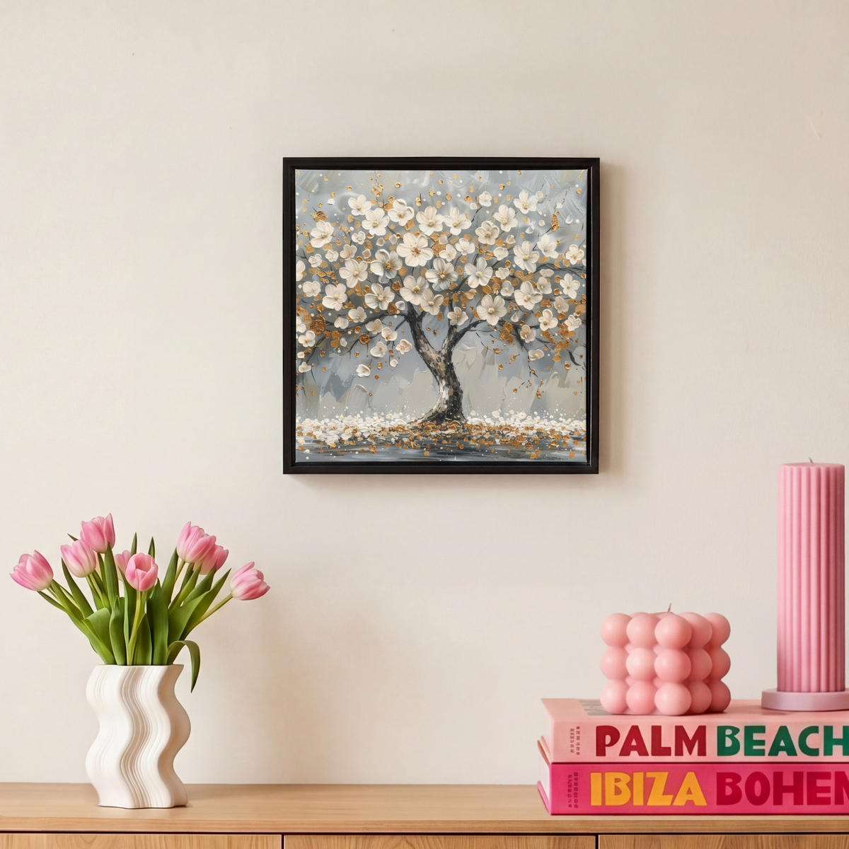 LEINWAND Bilder mit Rahmen - Baum - Blumen - Weiß - Natur - Kunst - 20x20 - Weiß, Textil (20/20cm) - MuchoWow