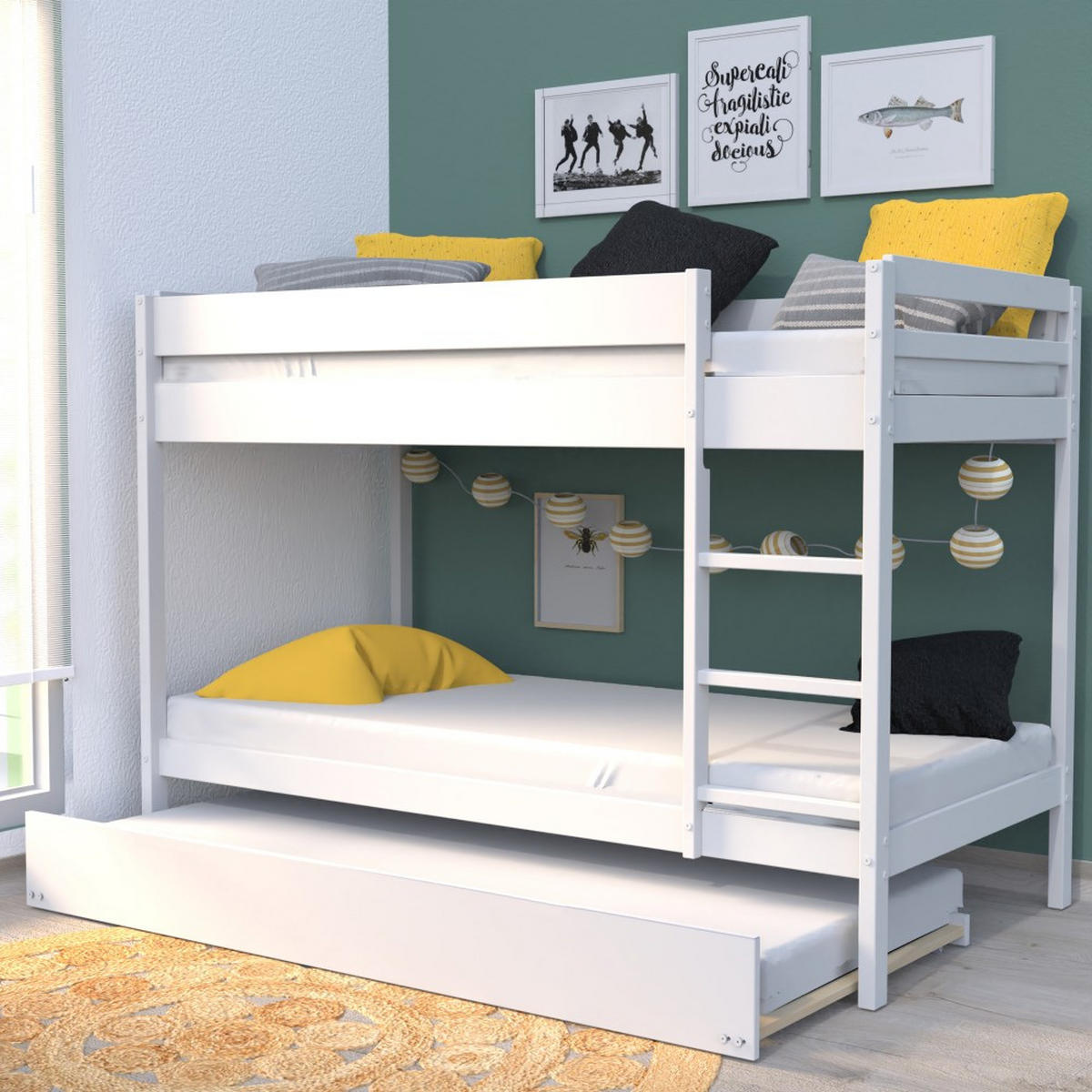ETAGENBETT WALLY mit Schublade-Bett/ 3x 90x190 - Weiß - Weiß, Holz (90/190cm) - Weber Industries