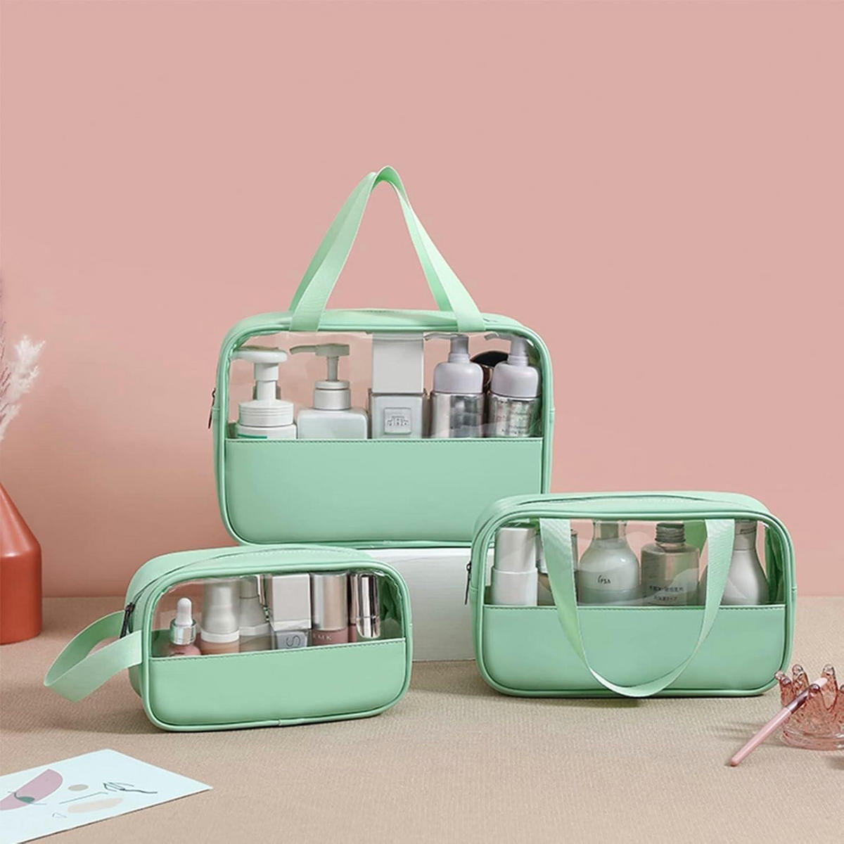 KULTURTASCHE 3-teiliges Set Transparent Grün - Grün, Kunststoff (7/21/30cm)