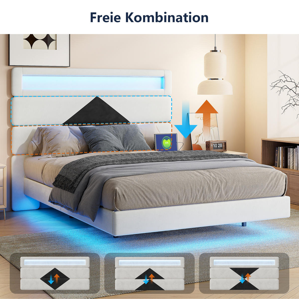 POLSTERBETT 140/190 cm beige Samt mit LED USB Kopfteil - Beige, Holz