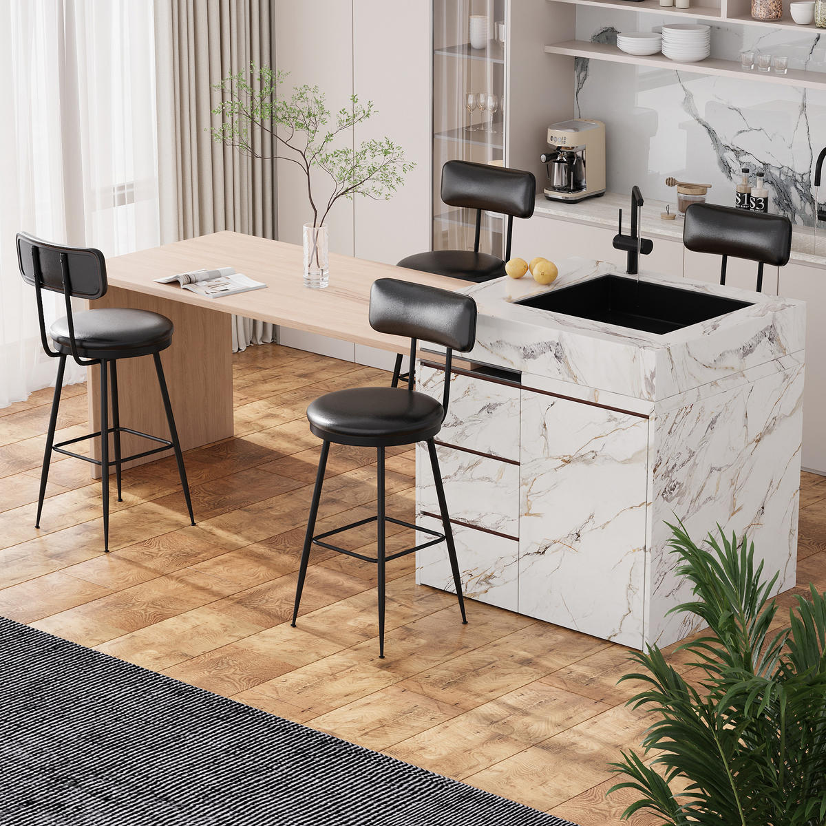 BARHOCKER 2er Set Metallgestell Kunstleder Rückenlehne Fußstütze 65 cm schwarz - Schwarz, Holz (38/85.5/38cm) - Fortuna Lai
